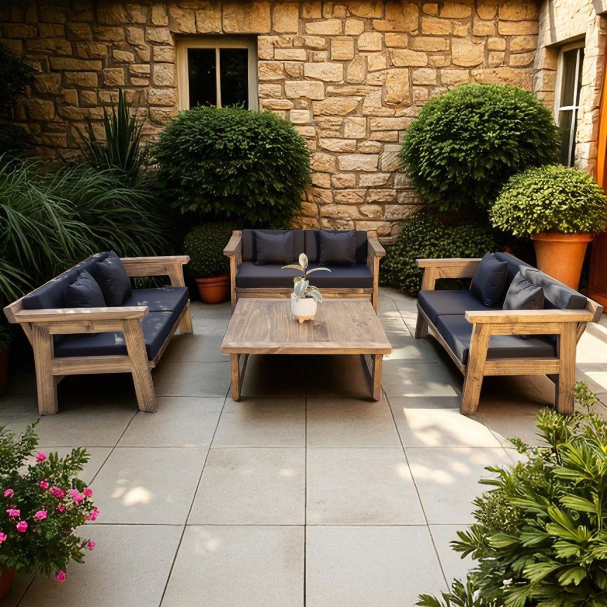 MIARUSTE - TERRAZA RÚSTICA MIARUSTE MARIAND 6 CUERPOS COLOR ROBLE COJINERÍA GRIS OSC