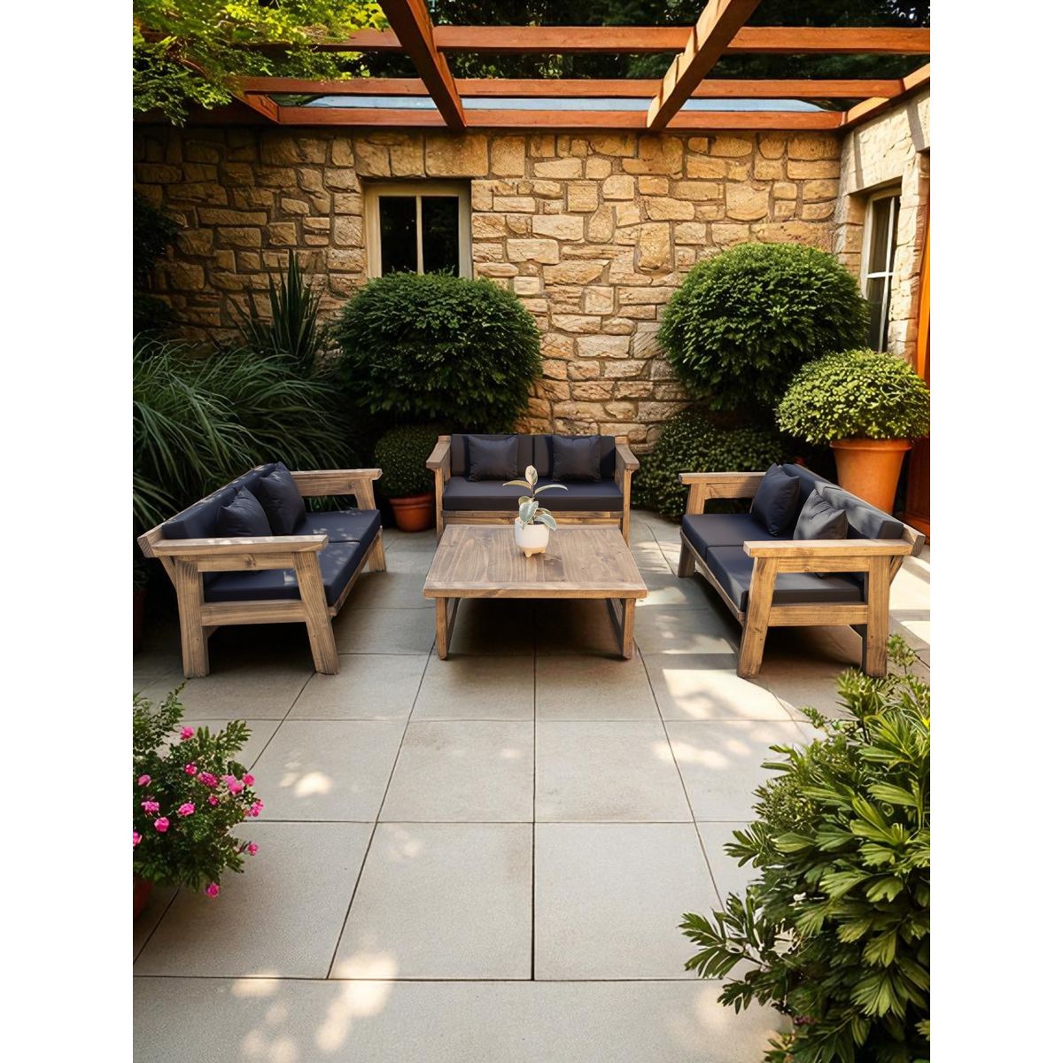 MIARUSTE - TERRAZA RÚSTICA MIARUSTE MARIAND 6 CUERPOS COLOR ROBLE COJINERÍA GRIS OSC