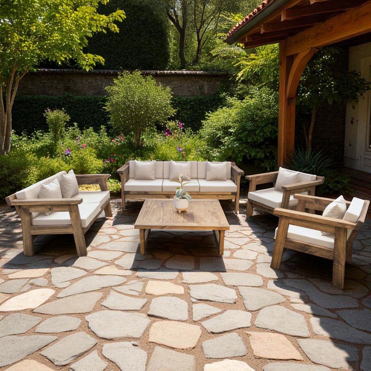 MIARUSTE - TERRAZA RÚSTICA MIARUSTE MARIAND 7 CUERPOS MADERA COLOR ROBLE COJINERÍA BEIGE V1