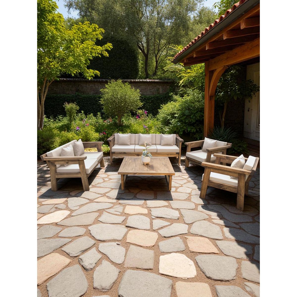 MIARUSTE - TERRAZA RÚSTICA MIARUSTE MARIAND 7 CUERPOS MADERA COLOR ROBLE COJINERÍA BEIGE V1