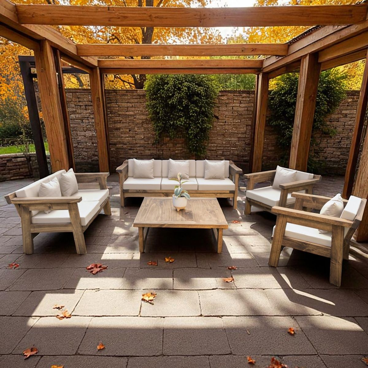 MIARUSTE - TERRAZA RÚSTICA MIARUSTE MARIAND 7 CUERPOS MADERA COLOR ROBLE COJINERÍA BEIGE V1