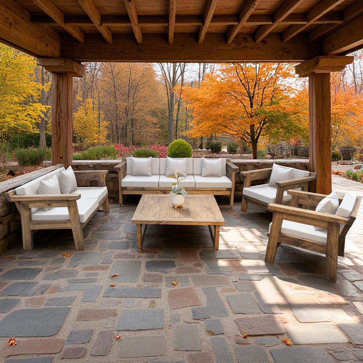 MIARUSTE - TERRAZA RÚSTICA MIARUSTE MARIAND 7 CUERPOS MADERA COLOR ROBLE COJINERÍA CRUDO V1.