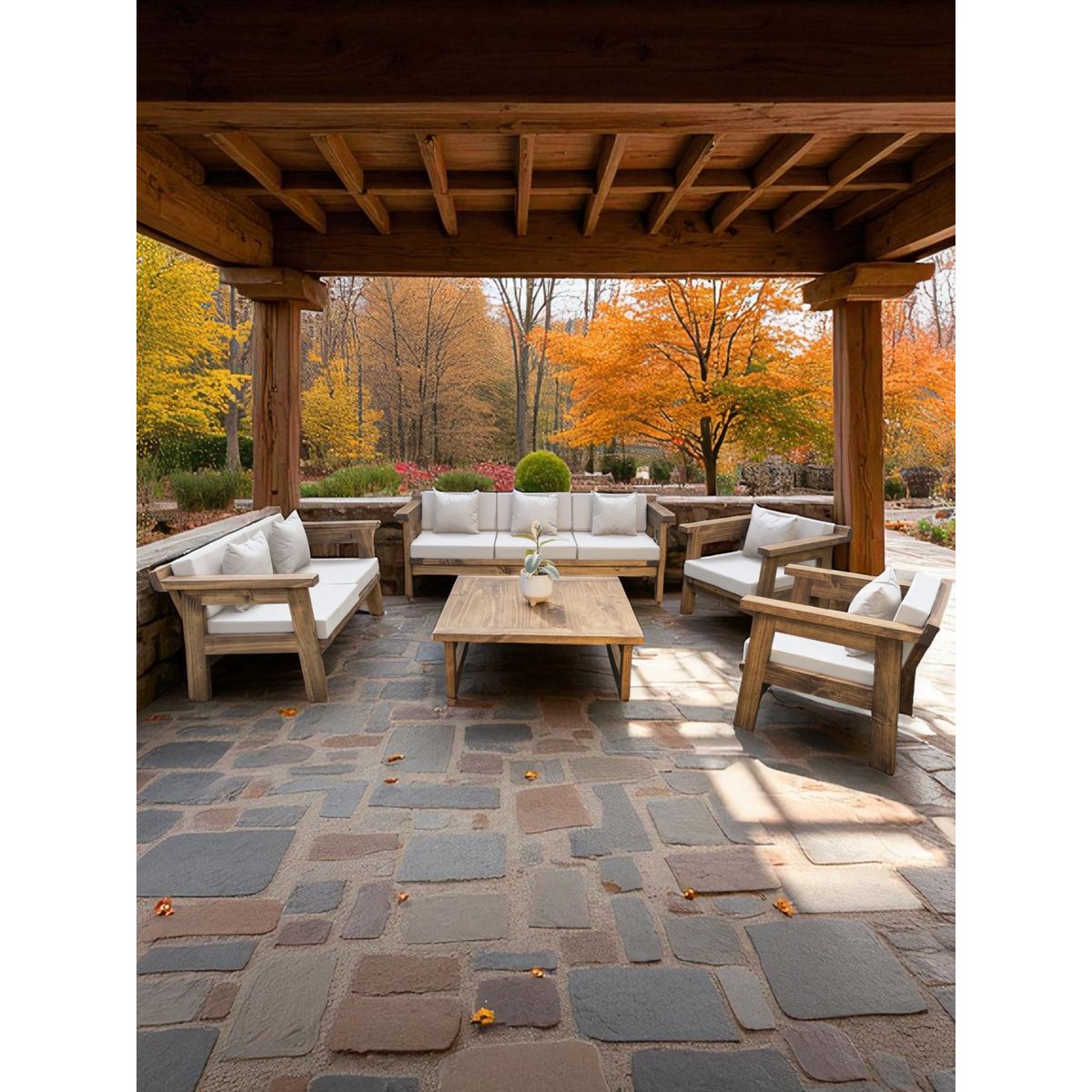 MIARUSTE - TERRAZA RÚSTICA MIARUSTE MARIAND 7 CUERPOS MADERA COLOR ROBLE COJINERÍA CRUDO V1.