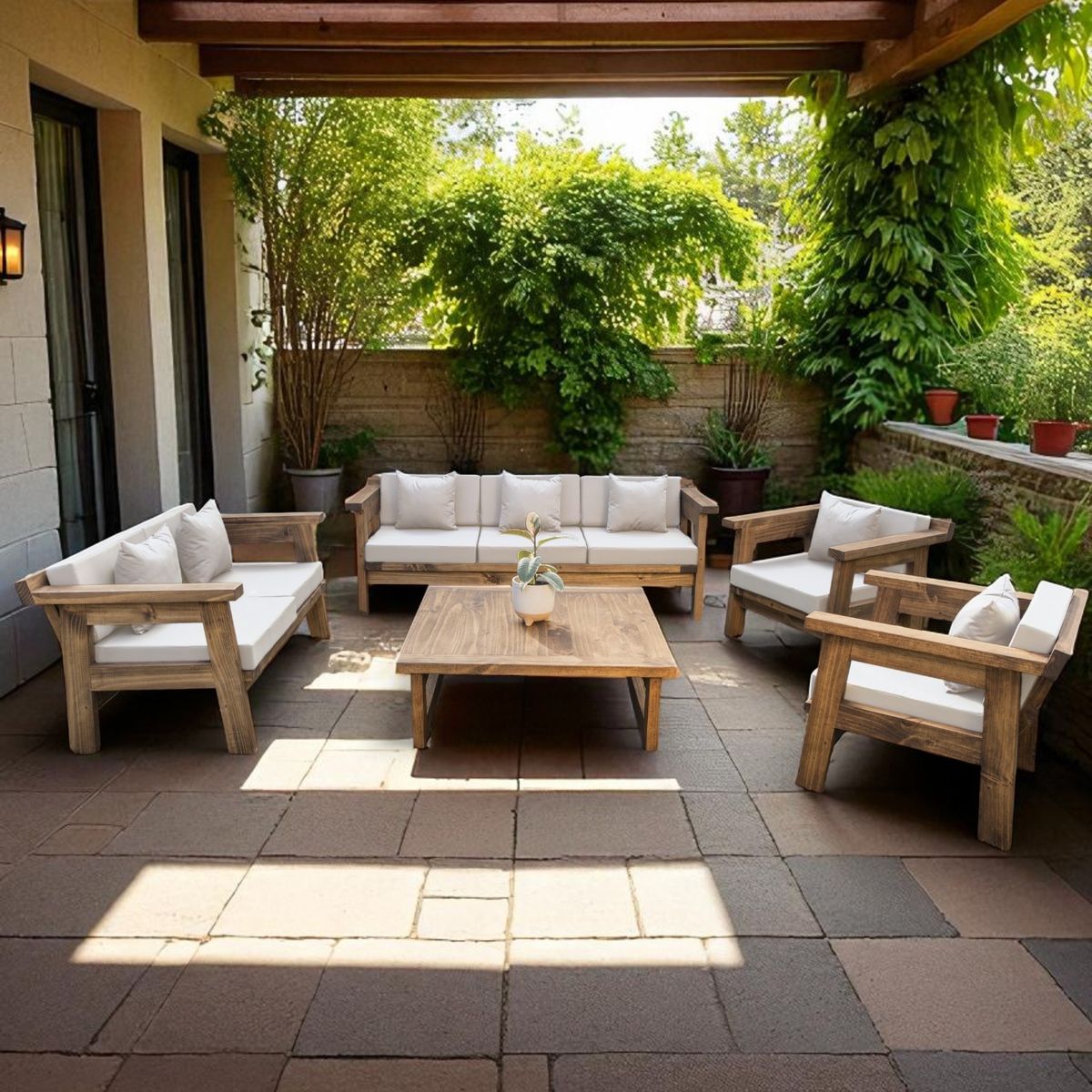 MIARUSTE - TERRAZA RÚSTICA MIARUSTE MARIAND 7 CUERPOS MADERA COLOR ROBLE COJINERÍA CRUDO V1.