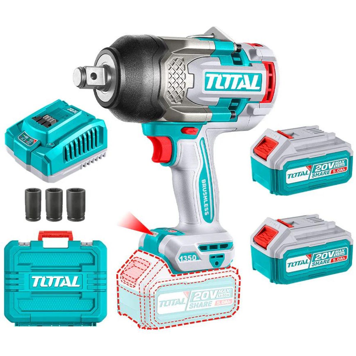 TOTAL TOOLS - LLAVE IMP 34 20V TOTAL TIWLI20135 +2BAT 50 AH+CARG+ACC+MAL