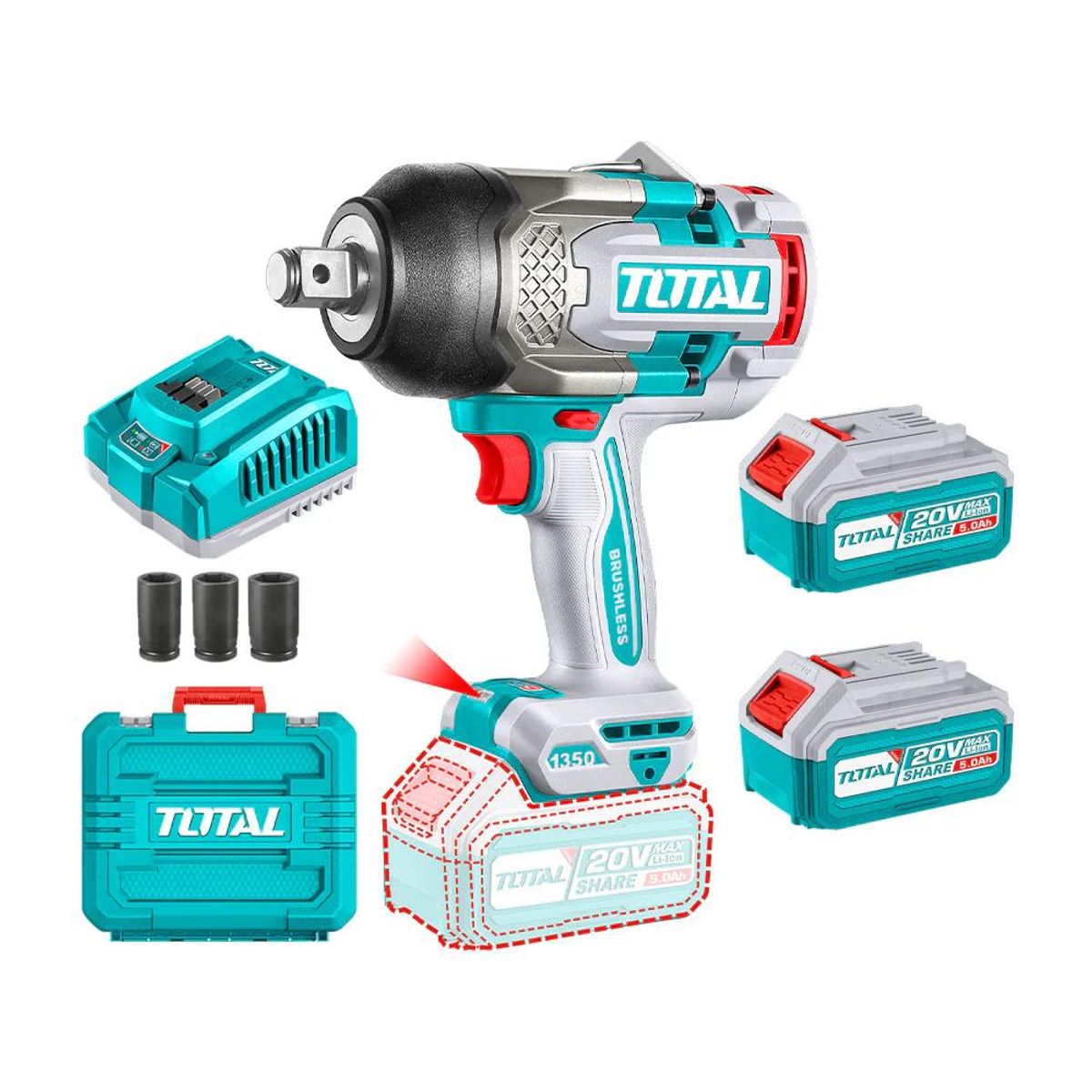 TOTAL TOOLS - LLAVE IMP 34 20V TOTAL TIWLI20135 +2BAT 50 AH+CARG+ACC+MAL