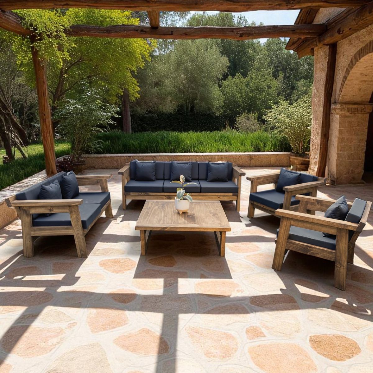 MIARUSTE - TERRAZA RÚSTICA MIARUSTE MARIAND 7 CUERPOS COLOR ROBLE COJINERÍA GRIS OSC V1