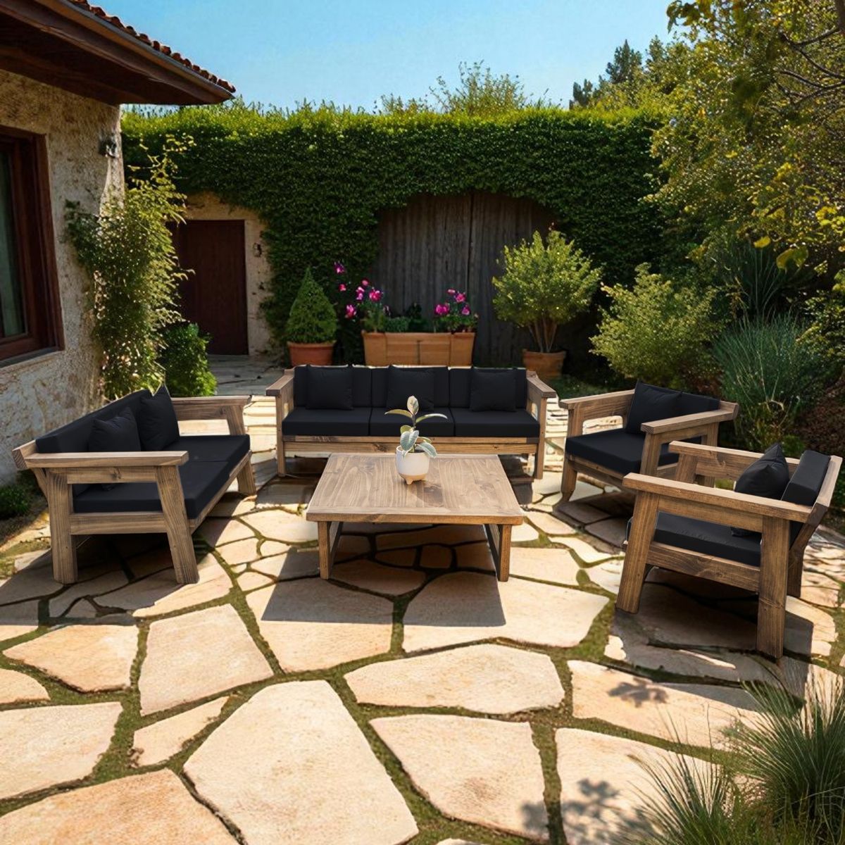 MIARUSTE - TERRAZA RÚSTICA MIARUSTE MARIAND 7 CUERPOS MADERA COLOR ROBLE COJINERÍA NEGRO V1
