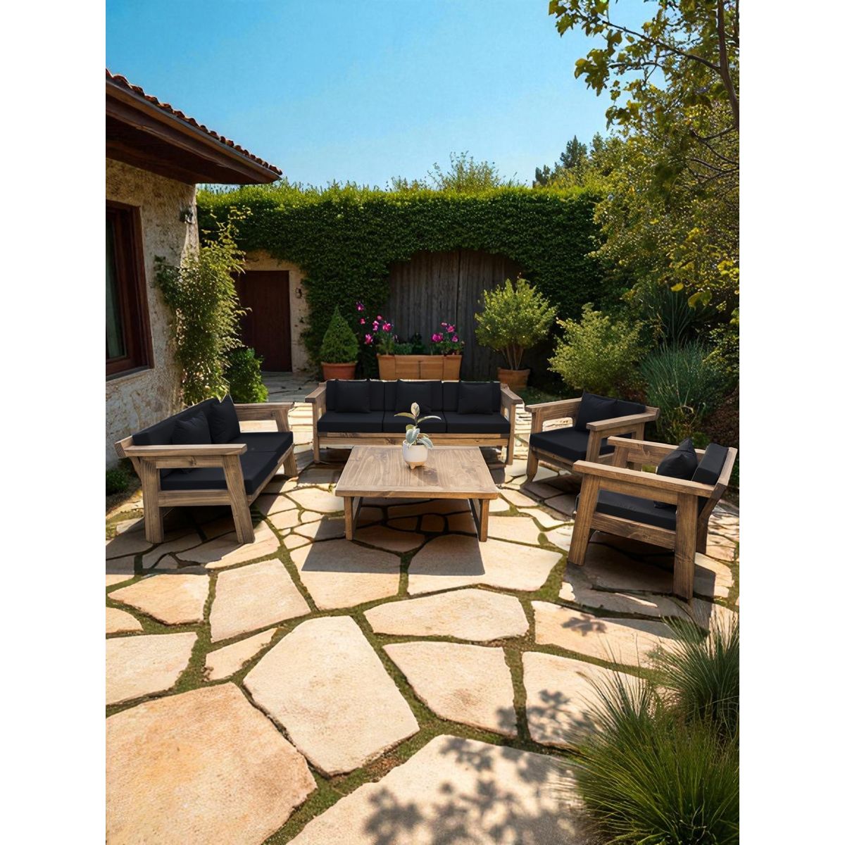 MIARUSTE - TERRAZA RÚSTICA MIARUSTE MARIAND 7 CUERPOS MADERA COLOR ROBLE COJINERÍA NEGRO V1