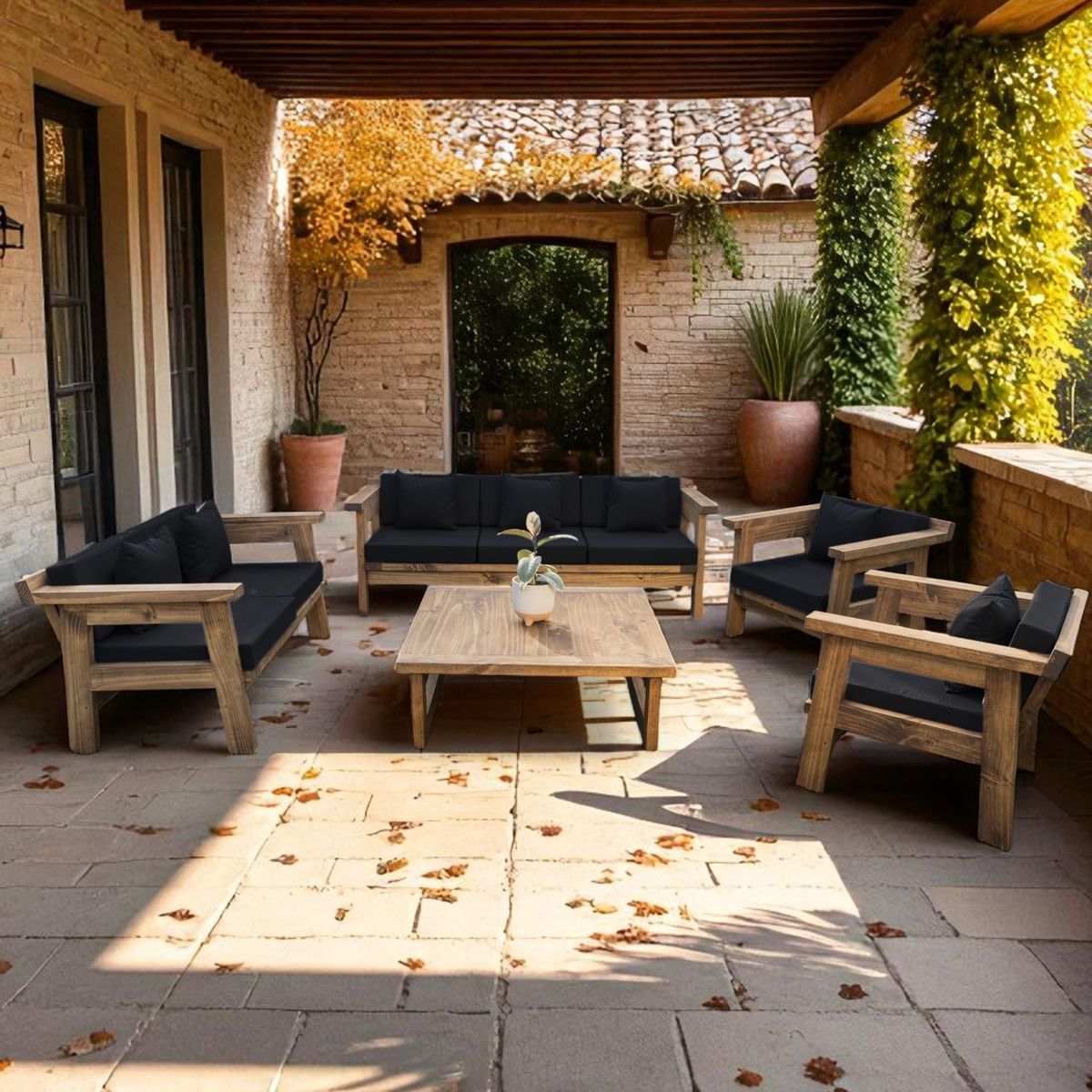 MIARUSTE - TERRAZA RÚSTICA MIARUSTE MARIAND 7 CUERPOS MADERA COLOR ROBLE COJINERÍA NEGRO V1