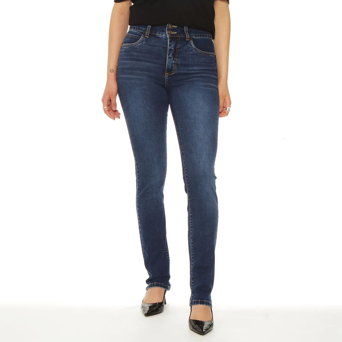 WADOS - JEANS MUJER RECTO TIRO ALTO PRETINA 2 BOTONES PUSH UP