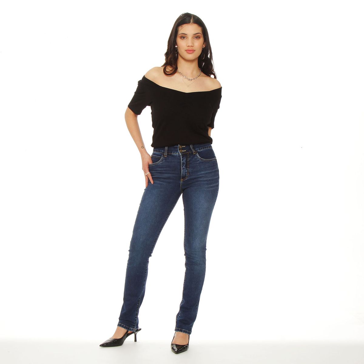 WADOS - JEANS MUJER RECTO TIRO ALTO PRETINA 2 BOTONES PUSH UP