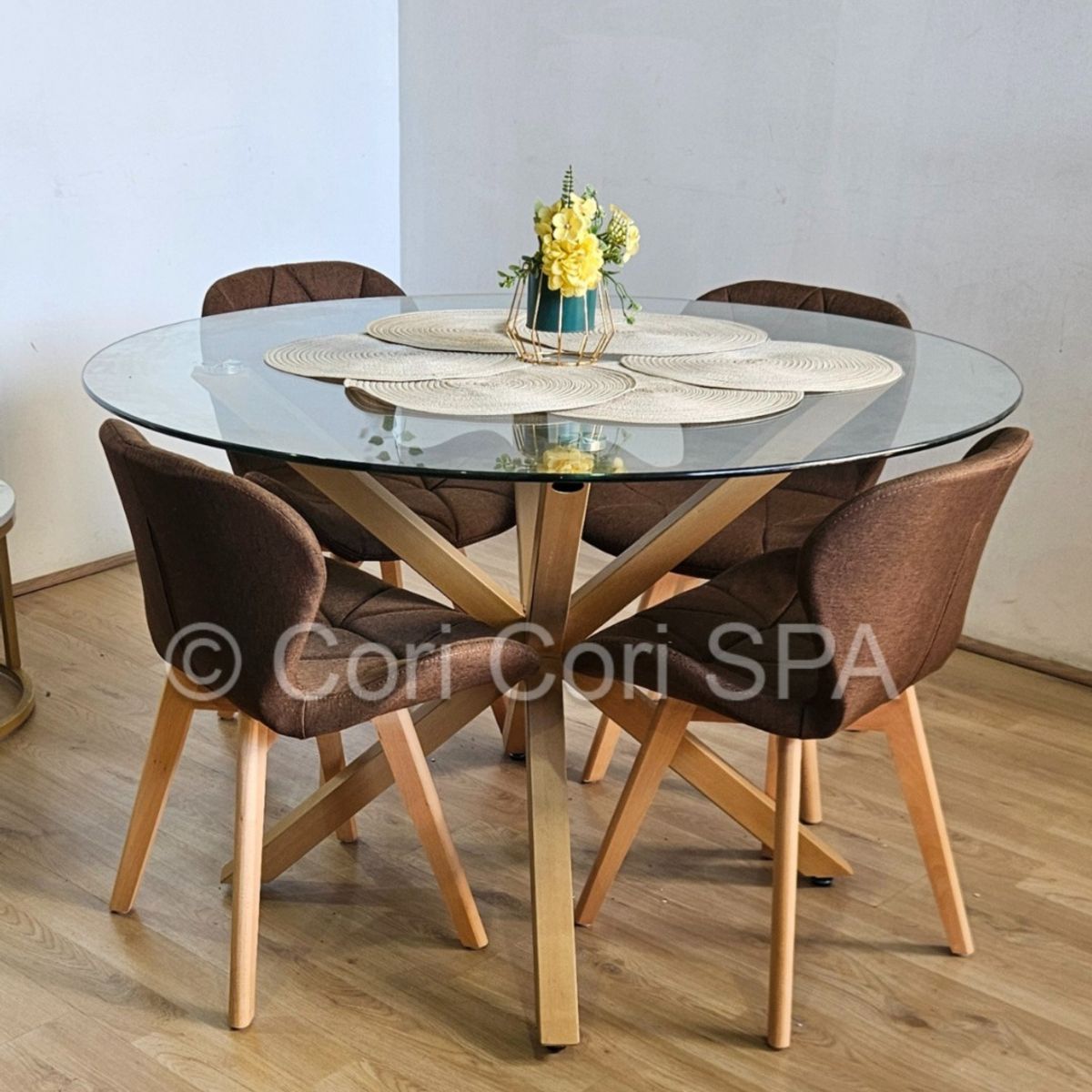 CORI CORI - Comedor Warwick 100cm + 4 Sillas Mariposa Lino Cafe