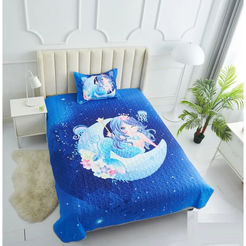 GENERICO - CUBRECAMA 3D WYM DE NIÑA AZUL  DISEÑO LUNA SIRENA 1.5 PLAZA