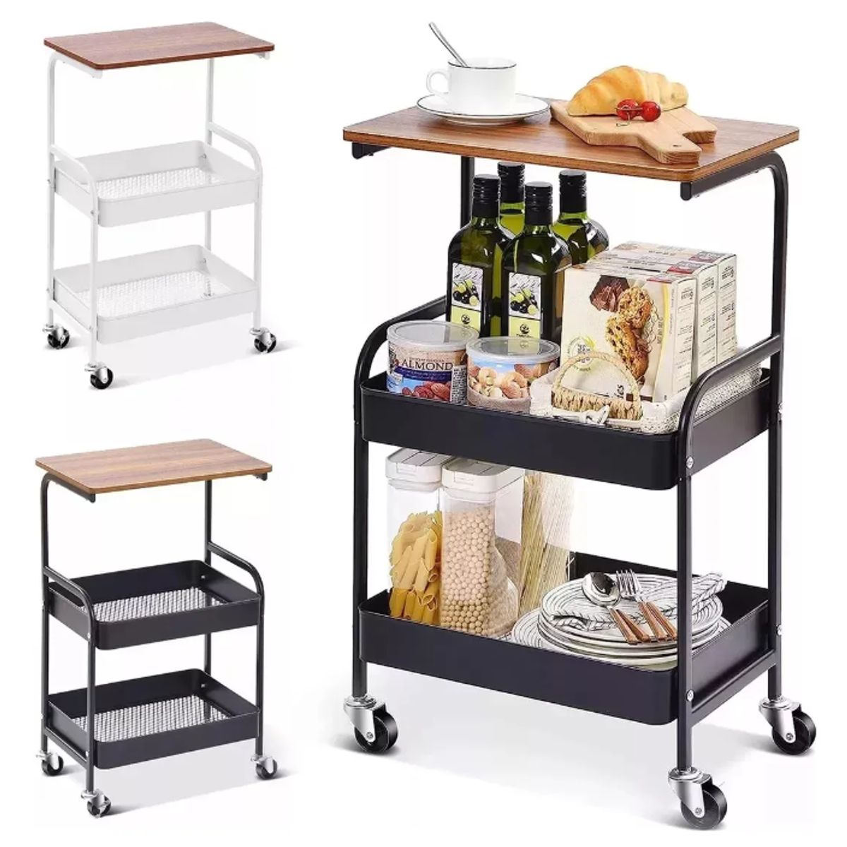 GENERICO - Carrito Carro Organizador Ruedas Metal Multiuso 3 Niveles - Negro