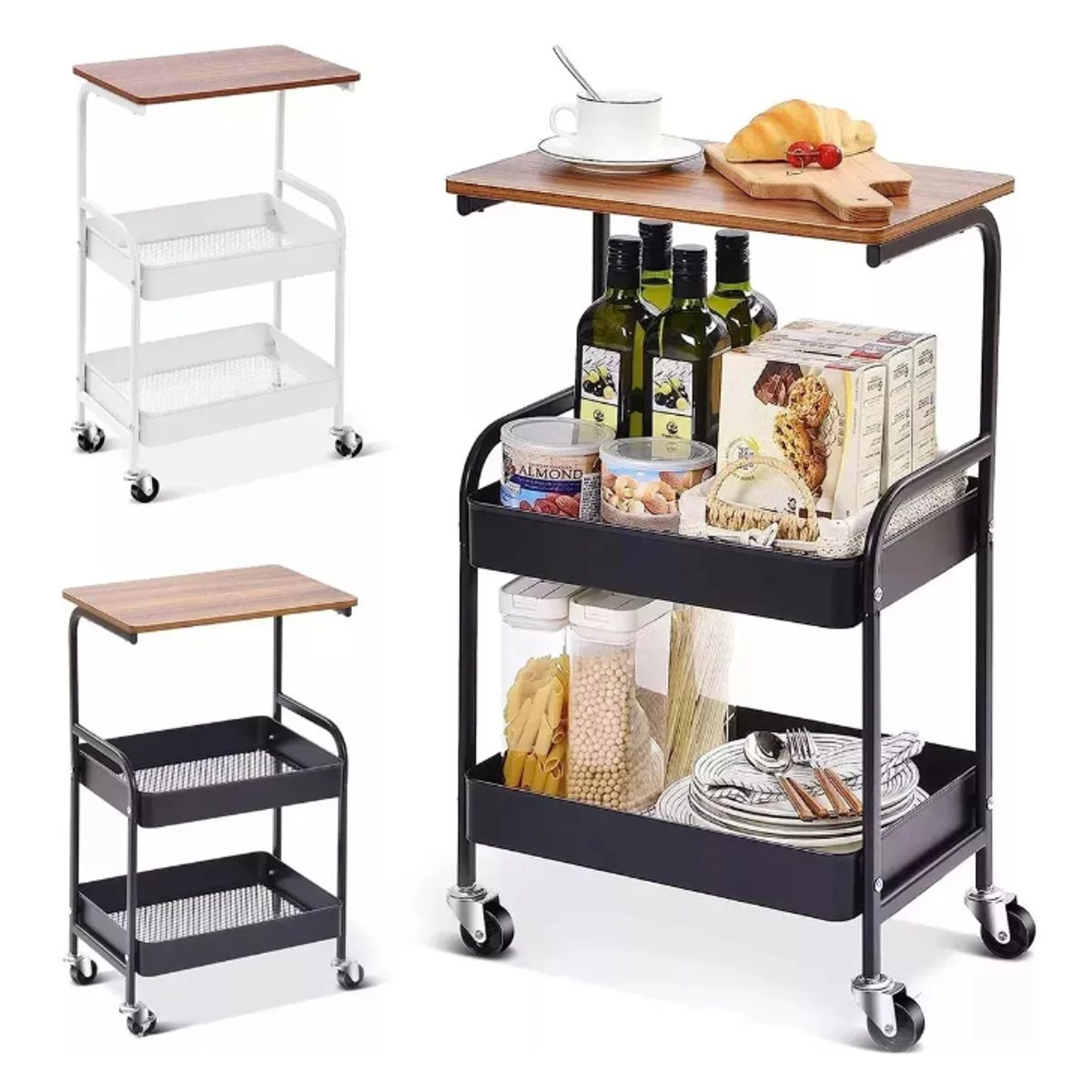 GENERICO - Carrito Carro Organizador Ruedas Metal Multiuso 3 Niveles - Negro