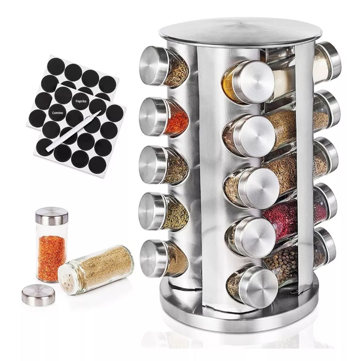 GENERICO - Condimenteros Especiero Giratorio Cocina 20 Frascos Plateado
