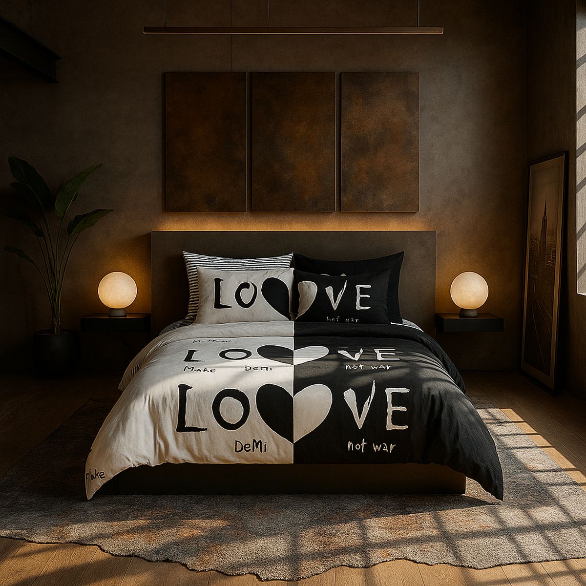 ARMONIA - Juego de sábanas cama Queen de 2 plazas diseño Love Black modelo 624