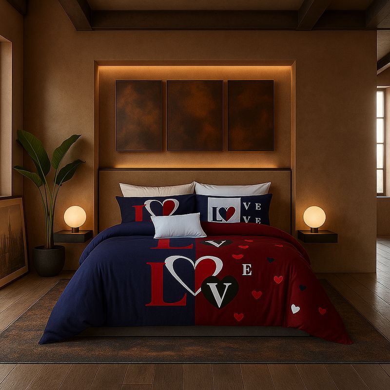 ARMONIA - Set de sábanas cama Queen de 2 plazas diseño Love Red modelo 627