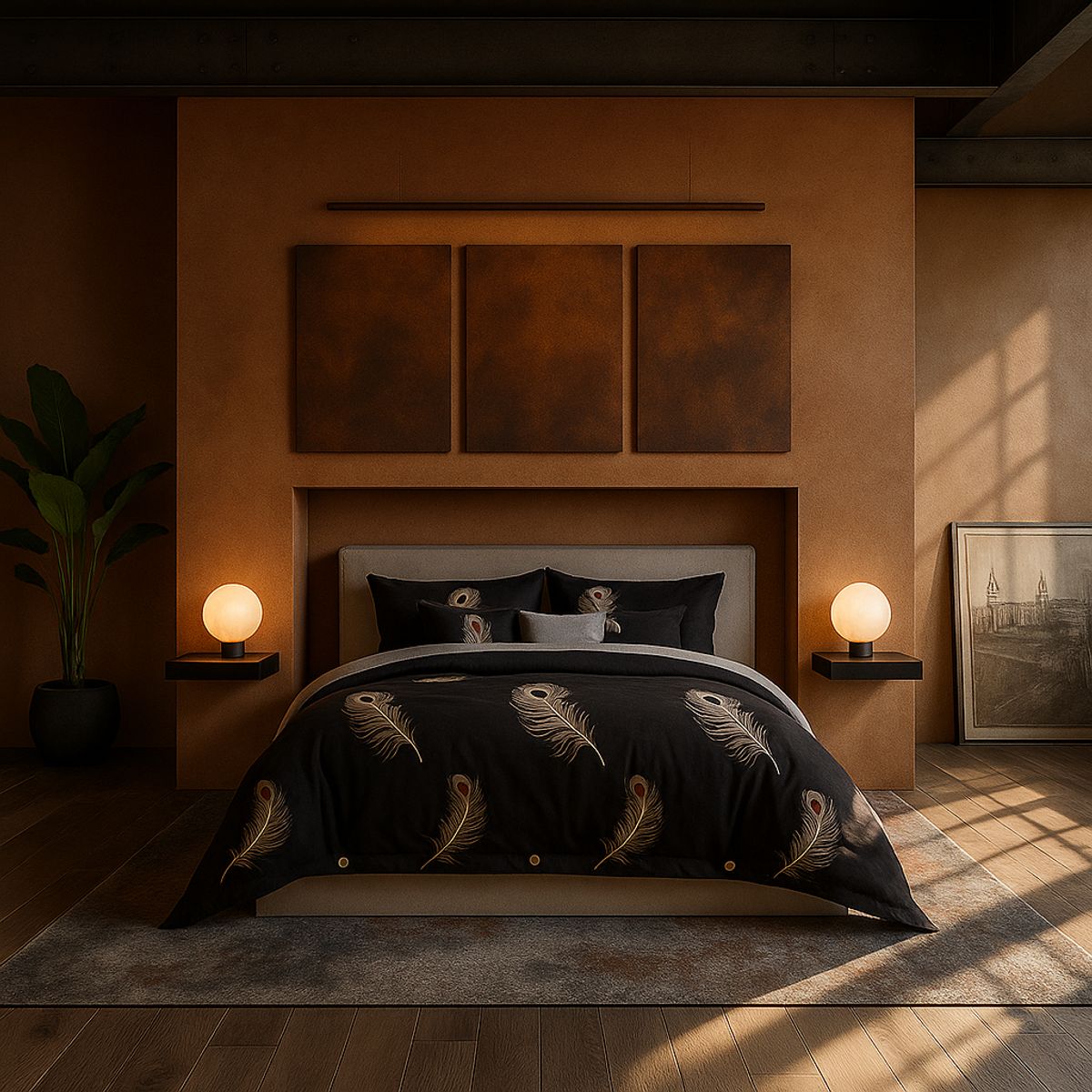 ARMONIA - Juego sabanas 2 plazas Queen diseño Plumas Black modelo 630