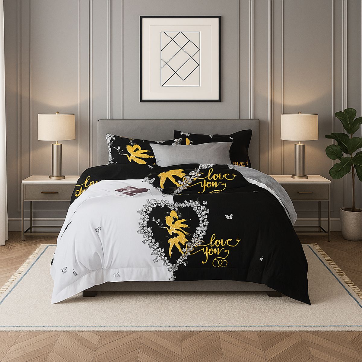 ARMONIA - Juego de cama Queen 2 plazas diseño Love You modelo 641