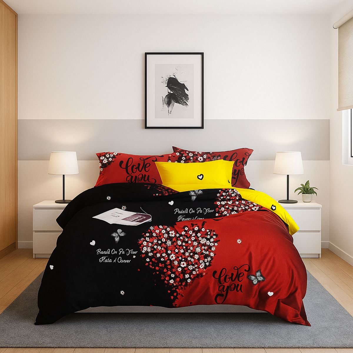 ARMONIA - Set de sábanas Queen 2 plazas diseño Corazón Rojo 2 Plazas modelo 620