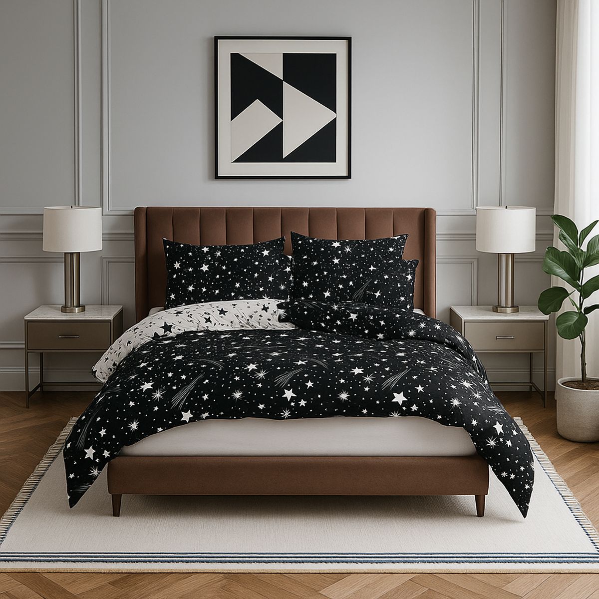 ARMONIA - Set de sábanas Queen 2 plazas diseño Estrellas Black modelo 626