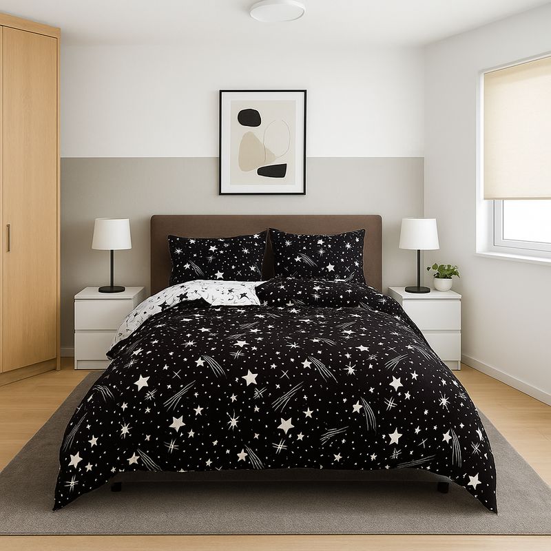 ARMONIA - Juego de sábanas 2 plazas Queen diseño Estrellas Black modelo 626