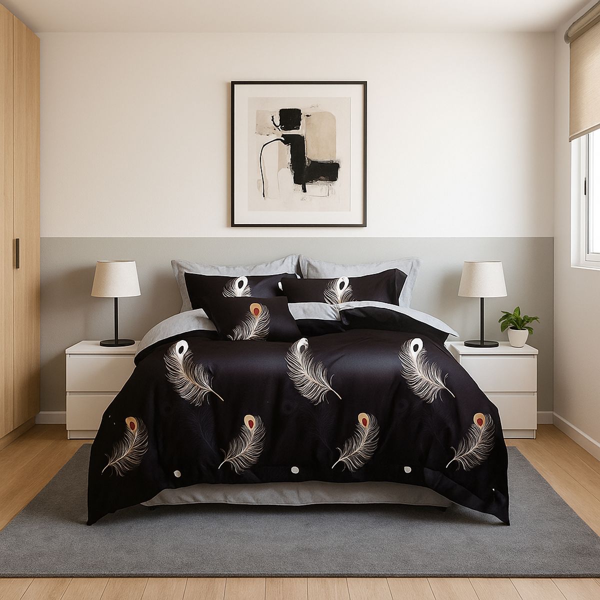 ARMONIA - Set de sábanas Queen 2 plazas diseño Plumas Black modelo 630