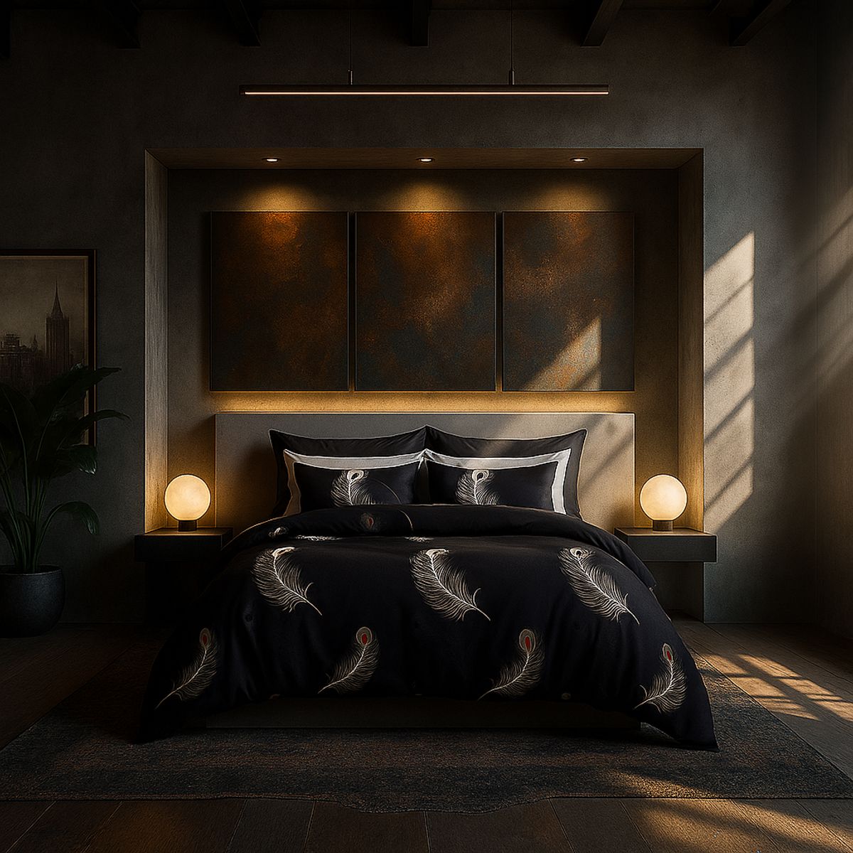 ARMONIA - Set de sábanas 2 plazas Queen diseño Plumas Black modelo 630