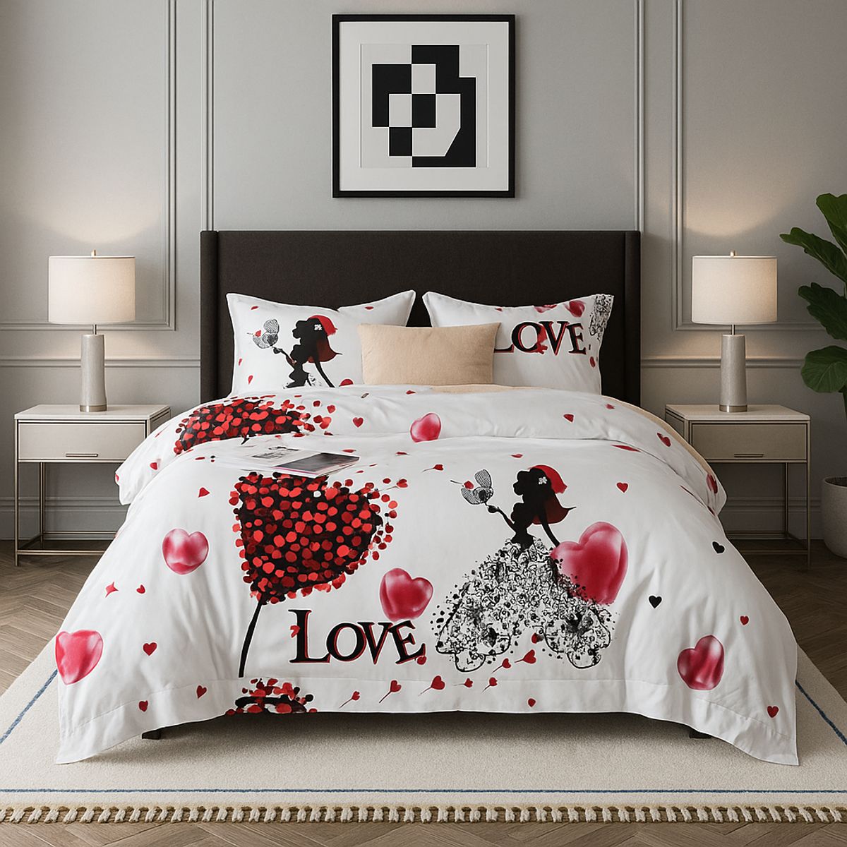 ARMONIA - Set de sábanas Queen 2 plazas diseño Love Corazon modelo 631