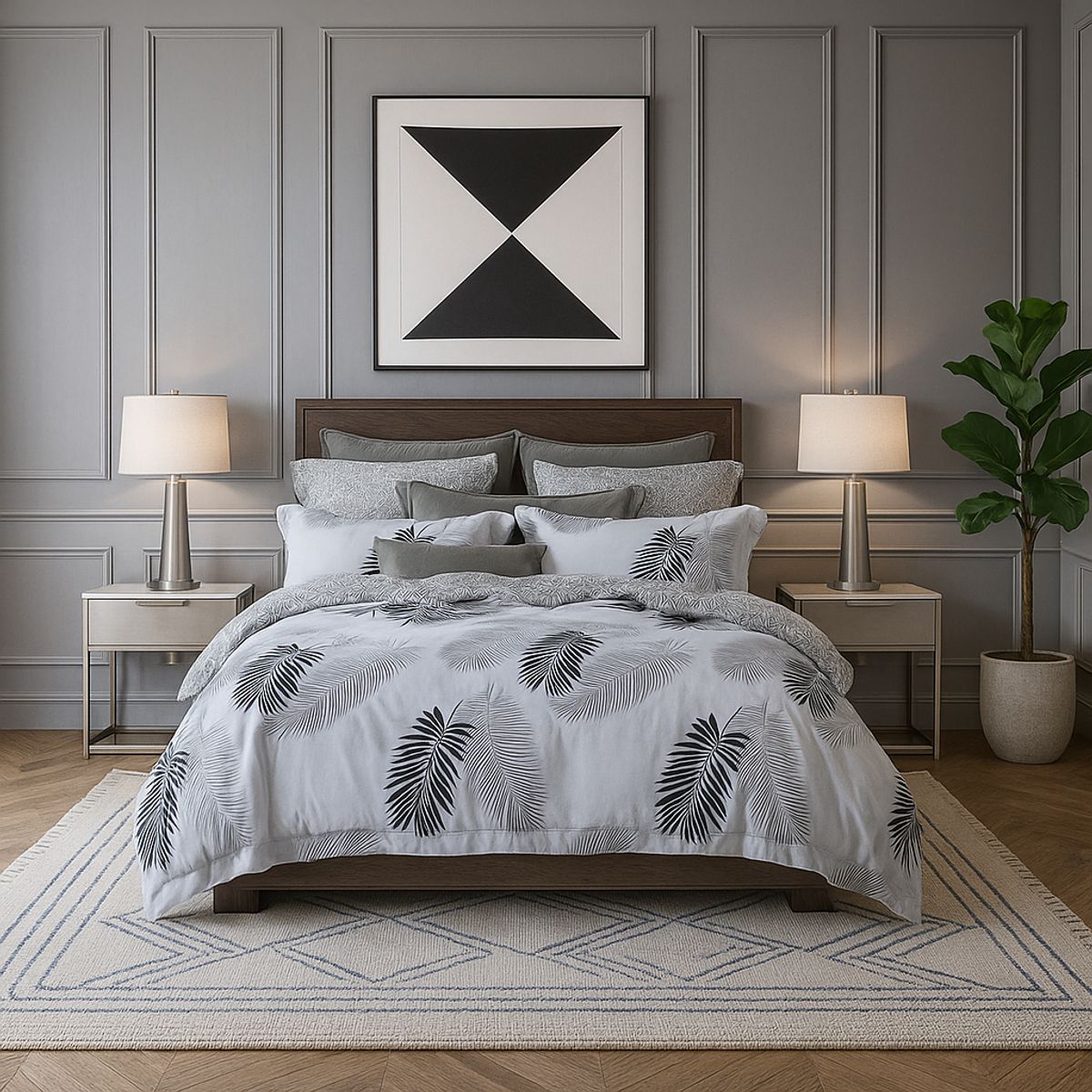 ARMONIA - Juego de cama King 25 plazas diseño Hojas Gris modelo 642