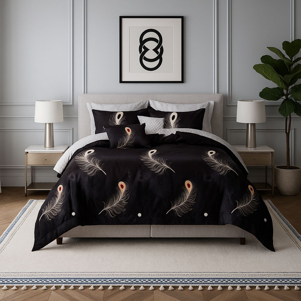 ARMONIA - Juego de cama Queen 2 plazas diseño Plumas Black modelo 630
