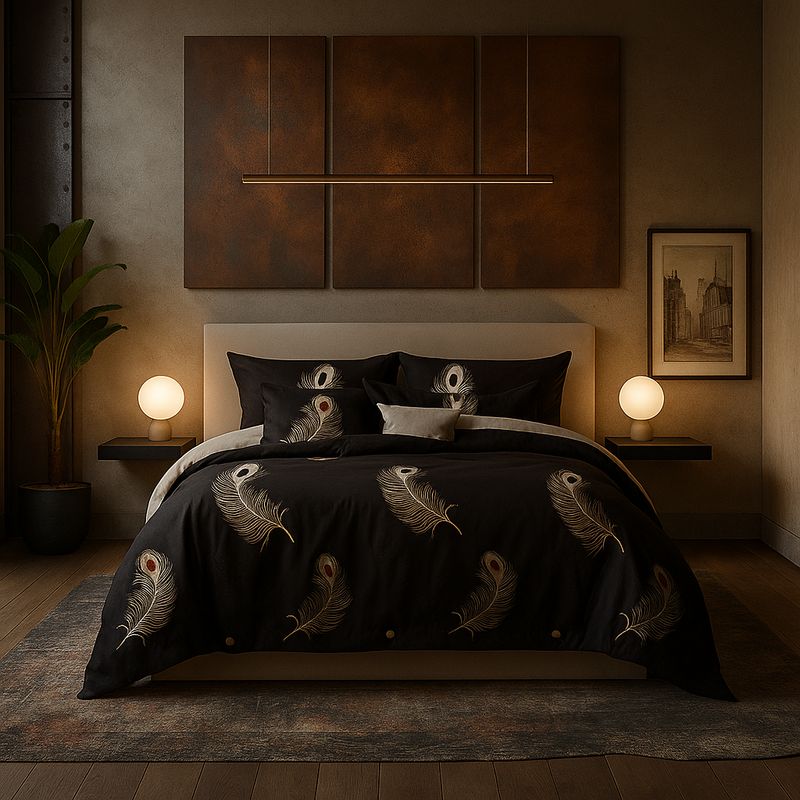 ARMONIA - Ropa de cama 2 plazas Queen diseño Plumas Black modelo 630