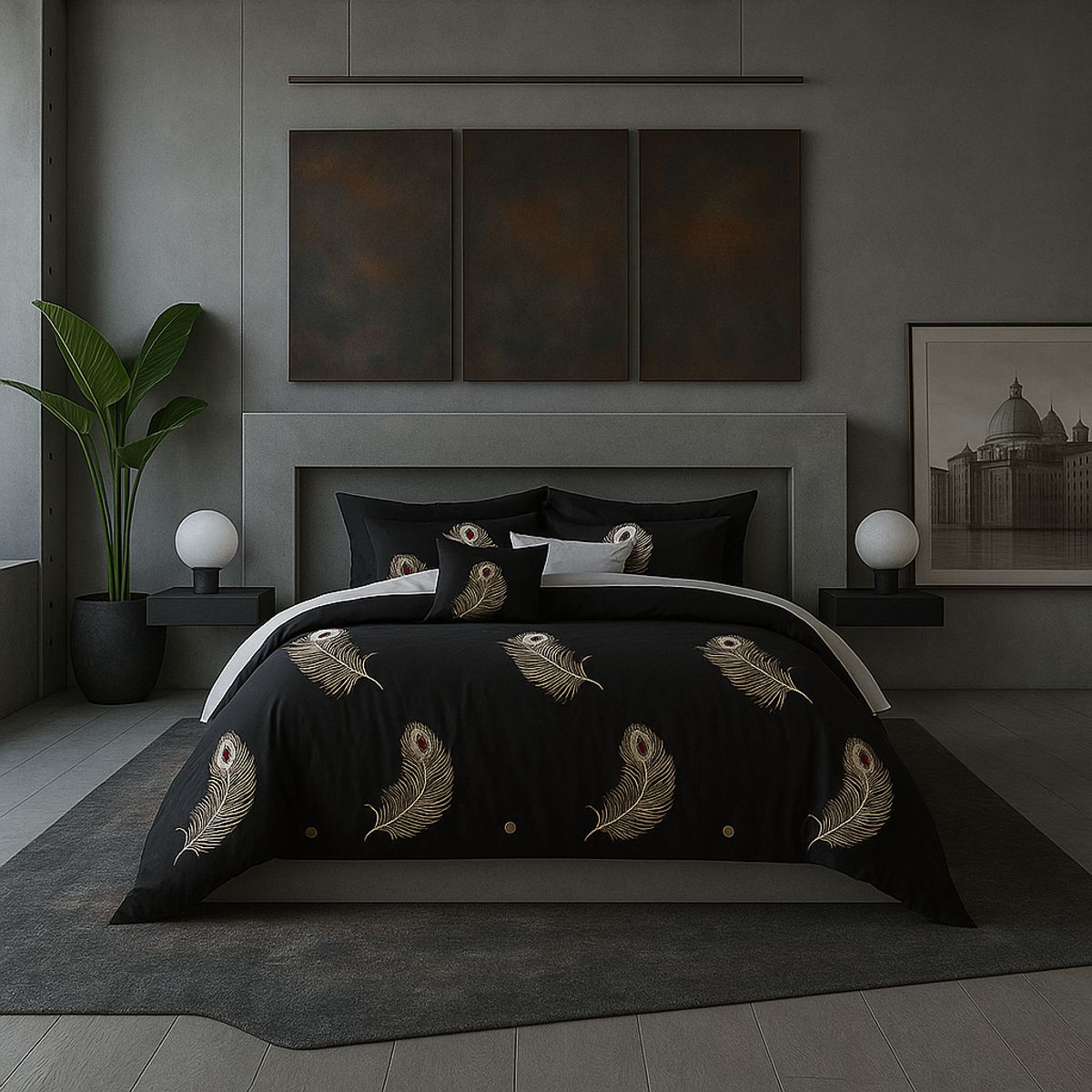 ARMONIA - Juego sabanas cama Queen de 2 plazas diseño Plumas Black modelo 630