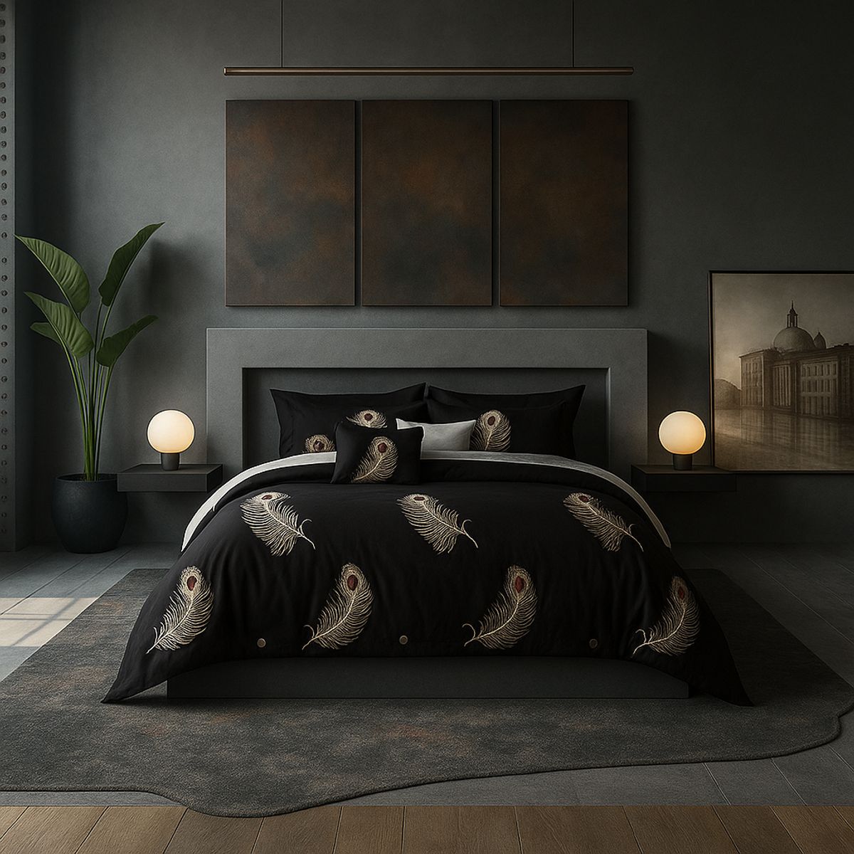 ARMONIA - Juego sabanas cama Queen de 2 plazas diseño Plumas Black modelo 630