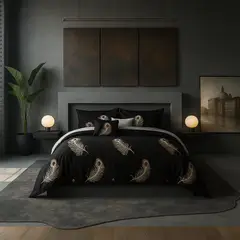 ARMONIA - Set de sábanas cama Queen de 2 plazas diseño Plumas Black modelo 630