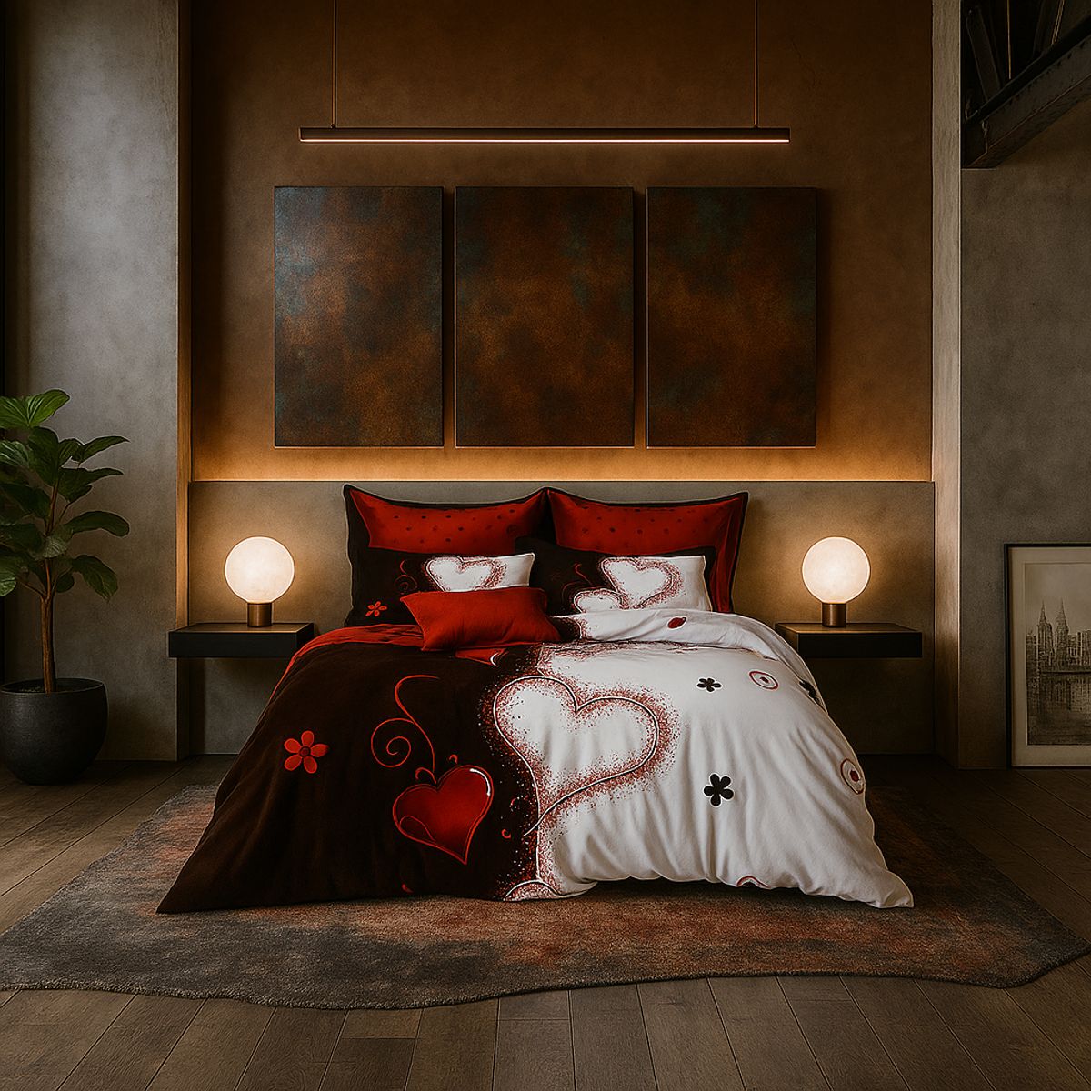 ARMONIA - Set de sábanas cama Queen de 2 plazas diseño Corazones modelo 635