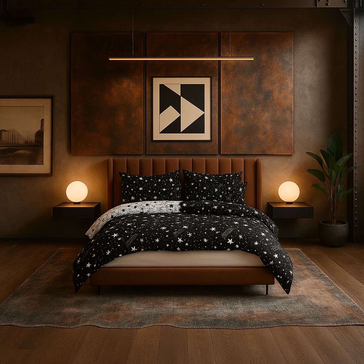 ARMONIA - Juego de cama 2 plazas Queen diseño Estrellas Black modelo 626
