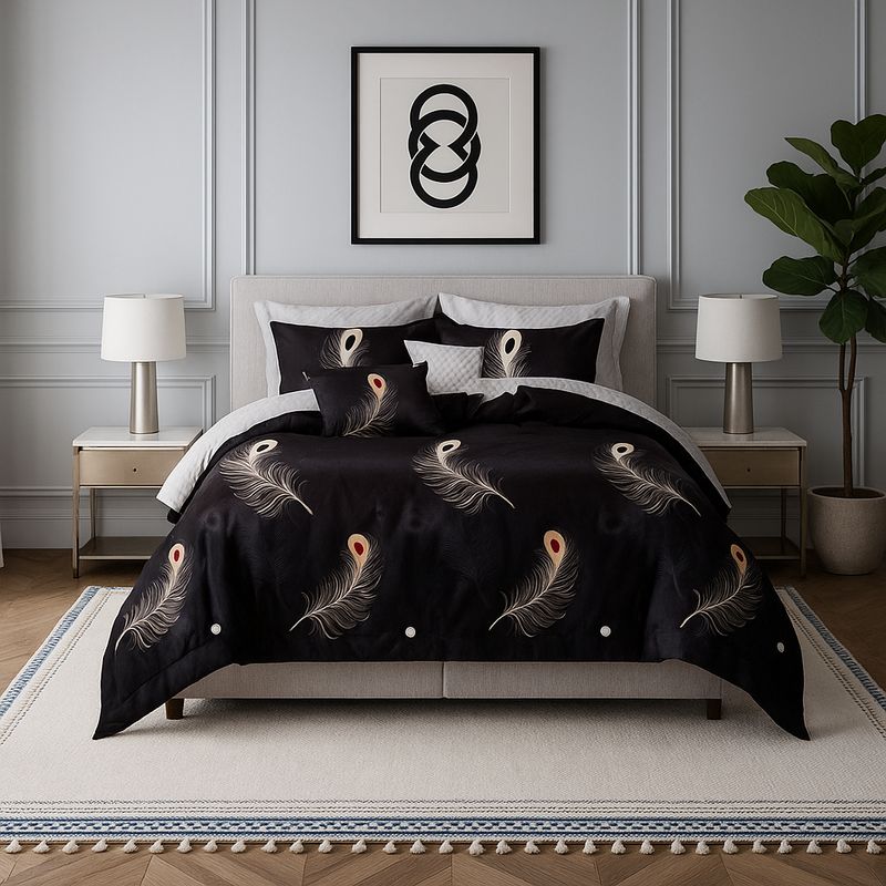 ARMONIA - Juego de cama Queen 2 plazas diseño Plumas Black modelo 630