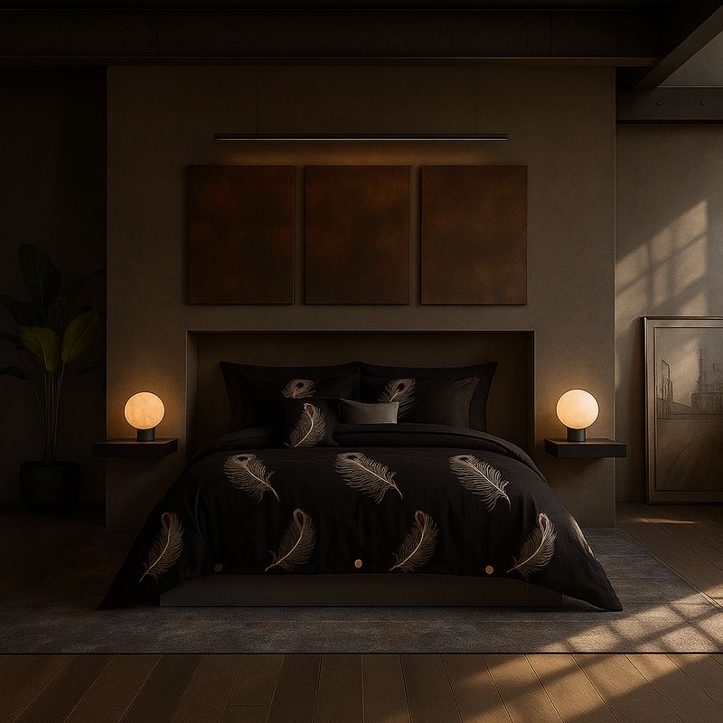 ARMONIA - Juego de cama 2 plazas Queen diseño Plumas Black modelo 630