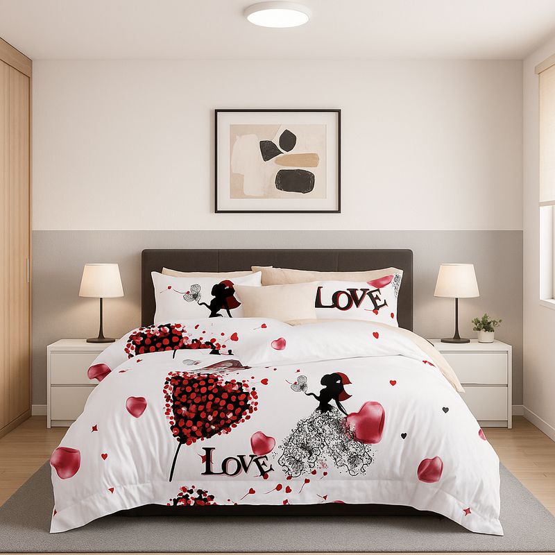 ARMONIA - Set de sábanas Queen 2 plazas diseño Love Corazon modelo 631