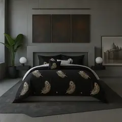 ARMONIA - Juego sabanas cama Queen de 2 plazas diseño Plumas Black modelo 630