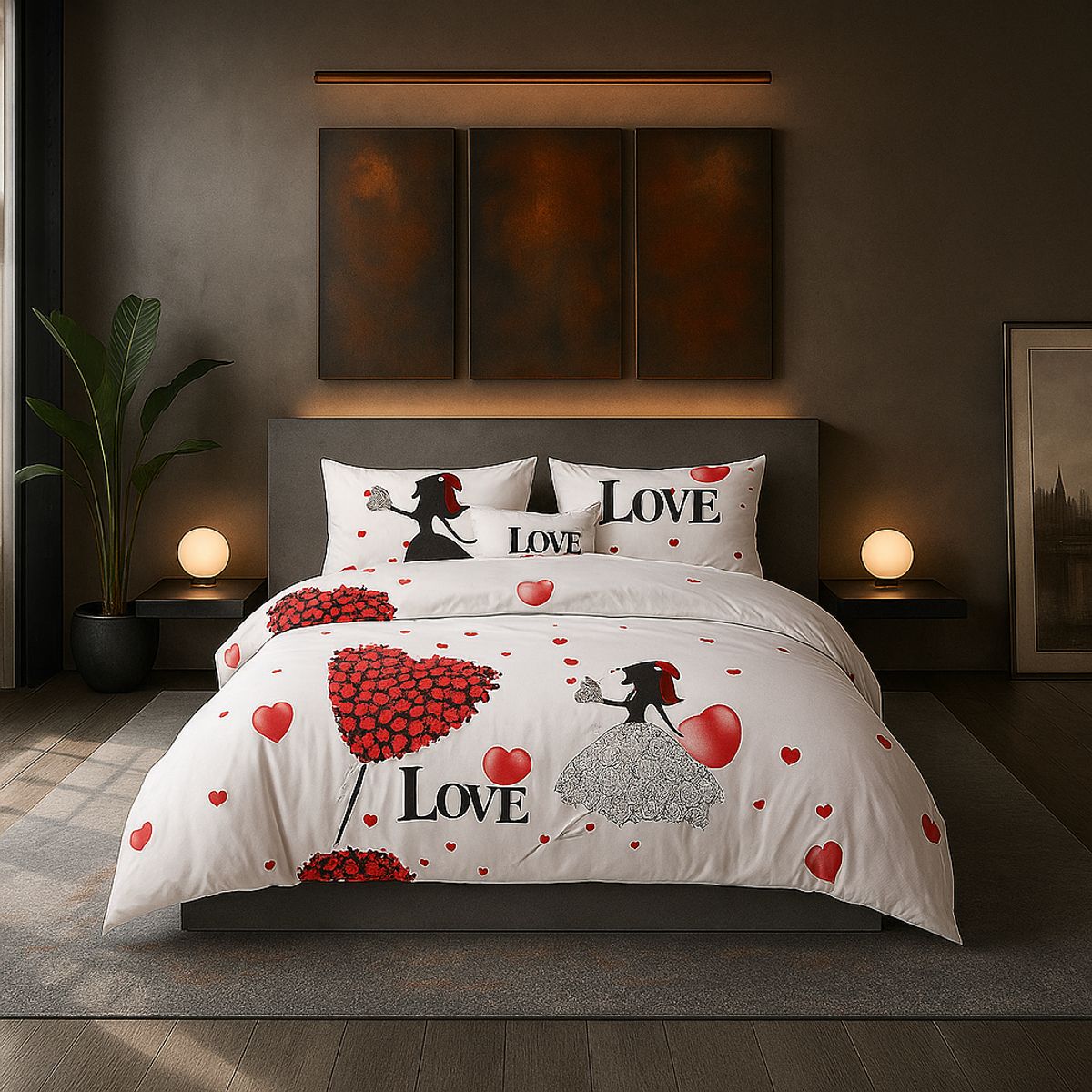 ARMONIA - Set de sábanas cama Queen de 2 plazas diseño Love Corazon modelo 631