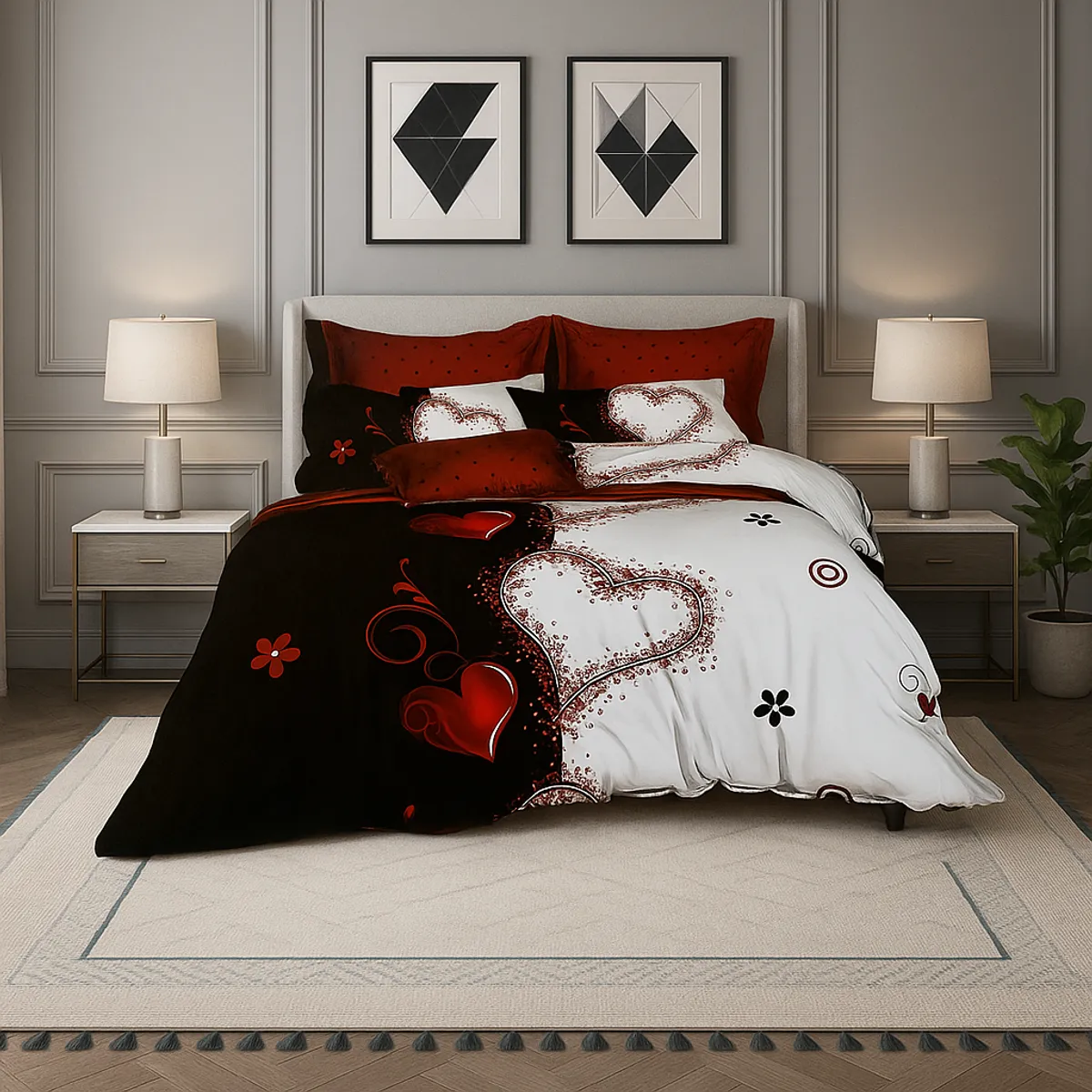 ARMONIA - Set de sábanas Queen 2 plazas diseño Corazones modelo 635