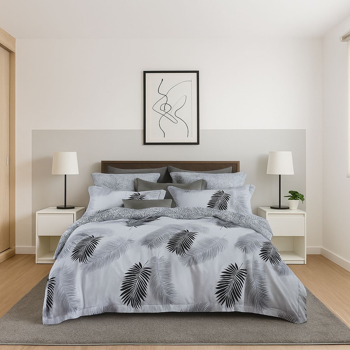 ARMONIA - Ropa de cama Queen 2 plazas diseño Hojas Gris modelo 642