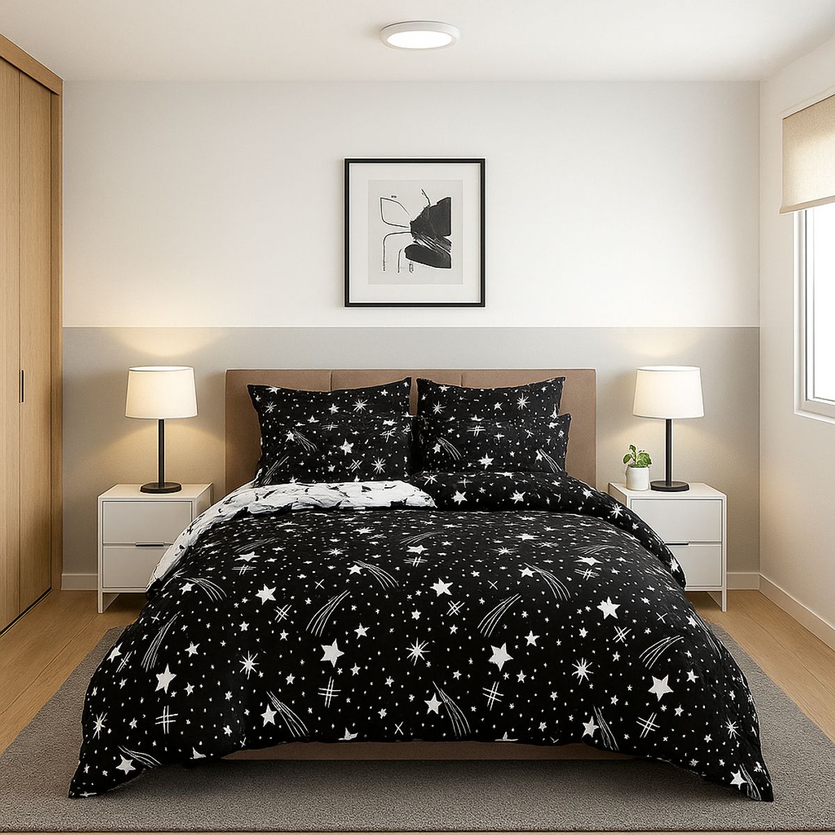 ARMONIA - Set de sábanas King 25 plazas diseño Estrellas Black modelo 626