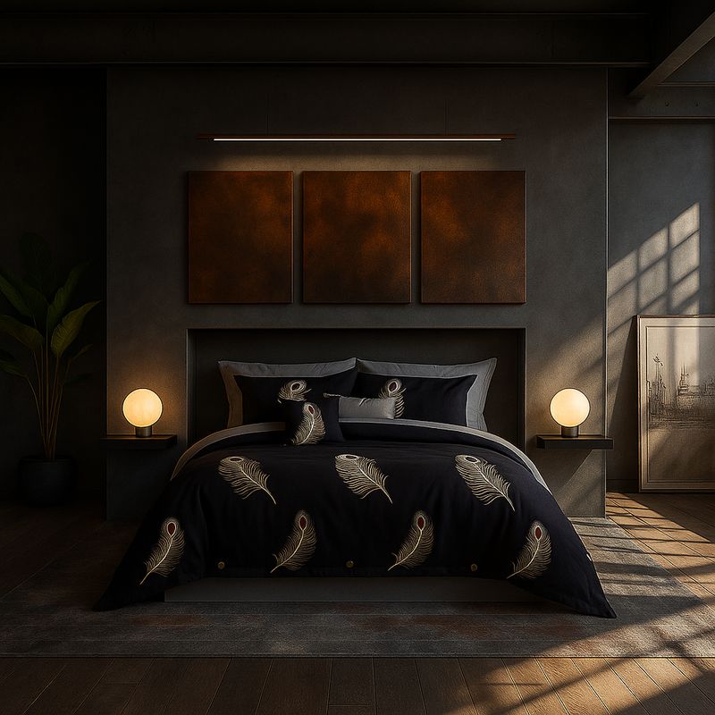 ARMONIA - Juego de sábanas King para cama de 25 plazas diseño Plumas Black 630