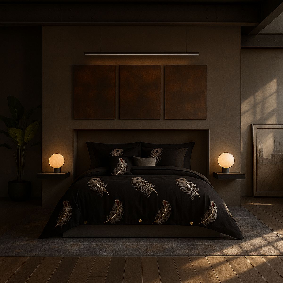 ARMONIA - Juego de cama 25 plazas King diseño Plumas Black modelo 630