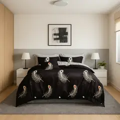 ARMONIA - Juego sabanas Queen 2 plazas diseño Plumas Black modelo 630
